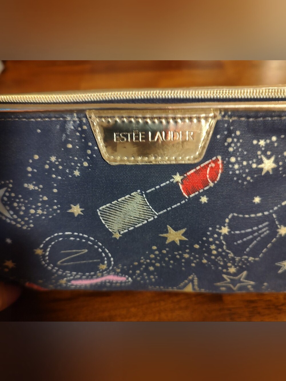 Estee Lauder Navy Cosmetic Pouch with Gold Trim and Red Lipstick Motif